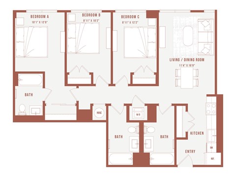 Floor plan for 3 beds, 3 baths, 396 sqft